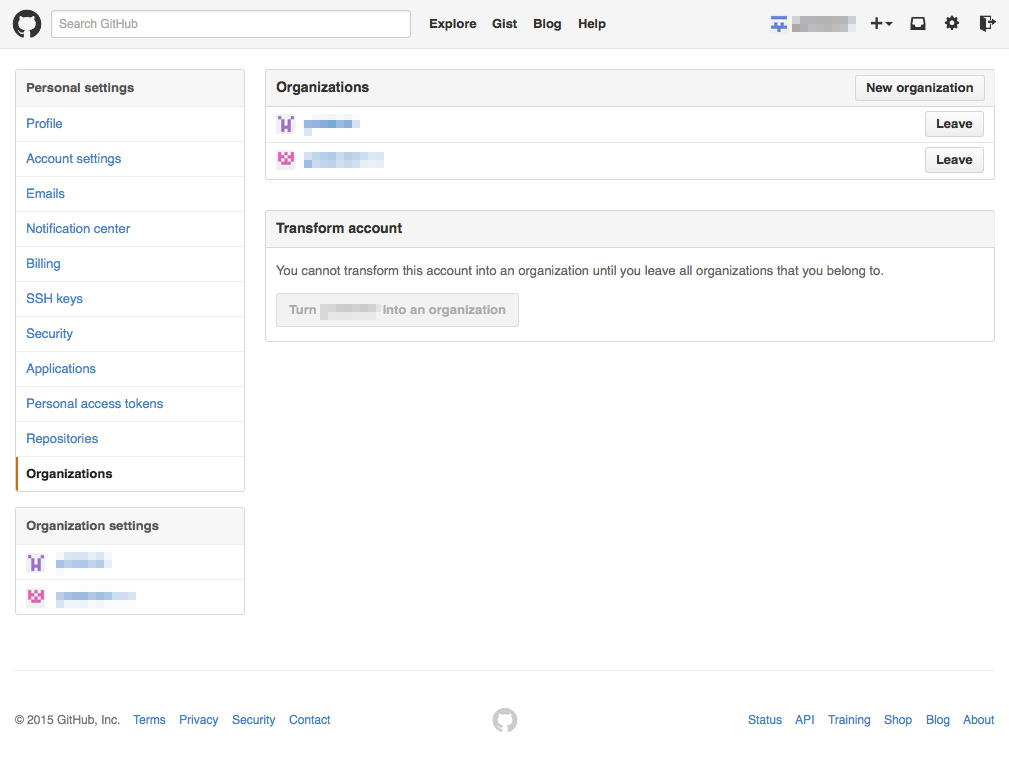 Personal Settings Organizations